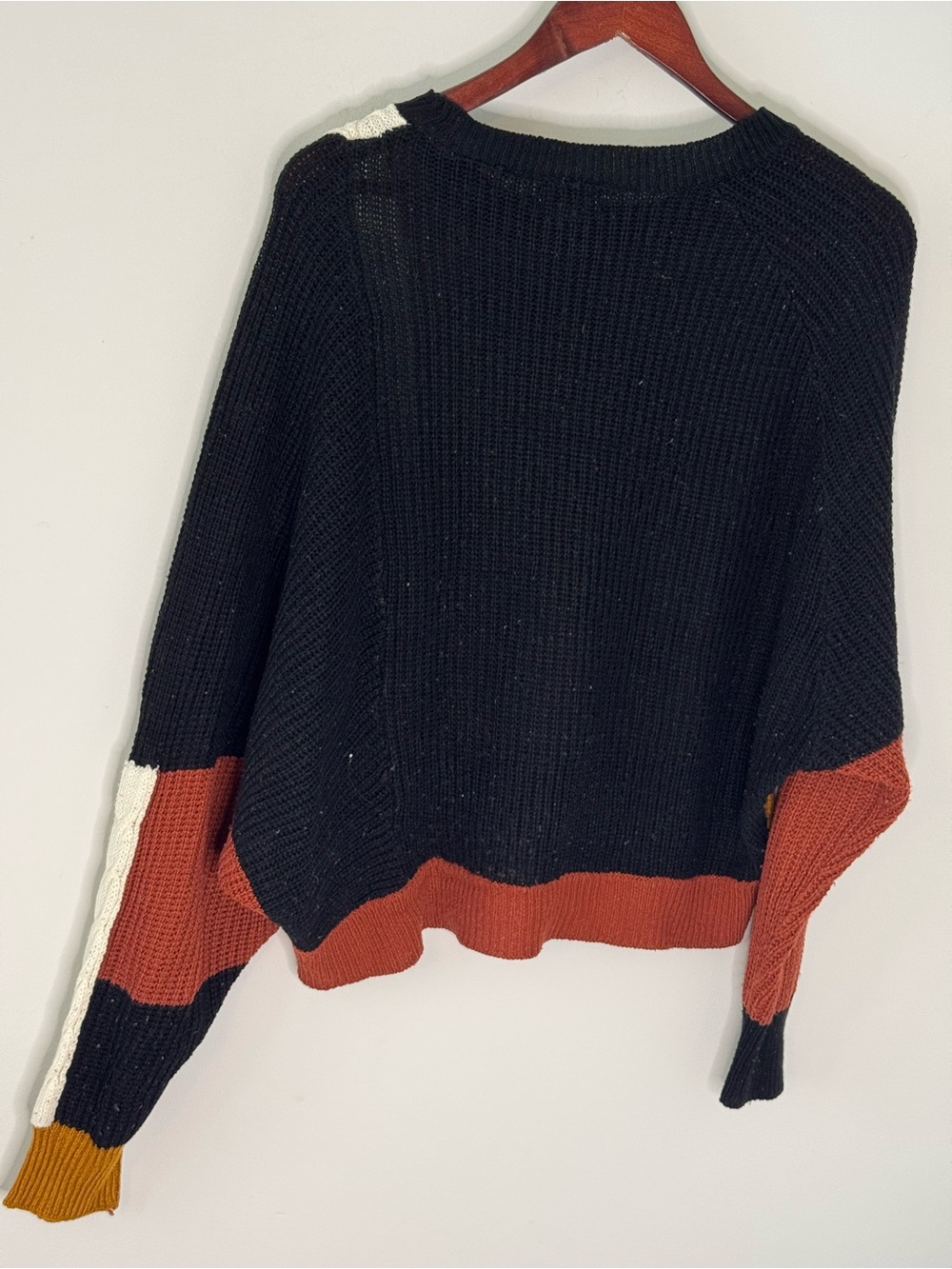 Colorblock Crewneck Sweater with Cable Accent - Mustard, Black, Rust - Picture 3 of 6